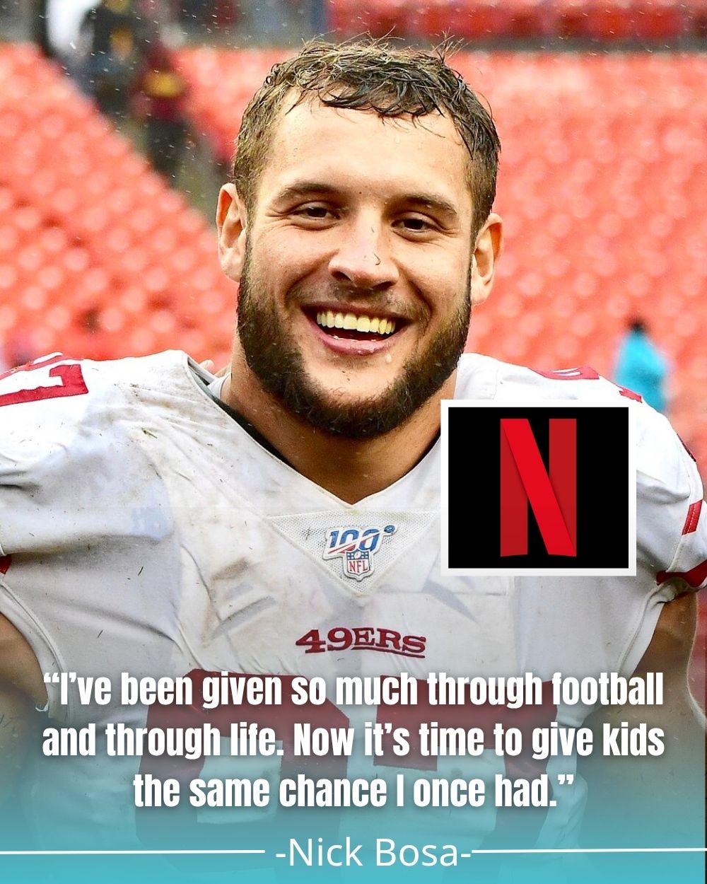 LATEST REPORT: 49ers Star DE Nick Bosa has secured a Groundbreaking $650 million Endorsement deal With NETFLIX. In a Remarkable Show of Generosity, he has Pledged $40 million to Youth Development program (Boys & Girls Clubs of America) and $10 million to an orphanage home. The San Francisco 49ers’ defensive titan has achieved a monumental feat, securing a deal that has shaken both the sports and entertainment world. Vl